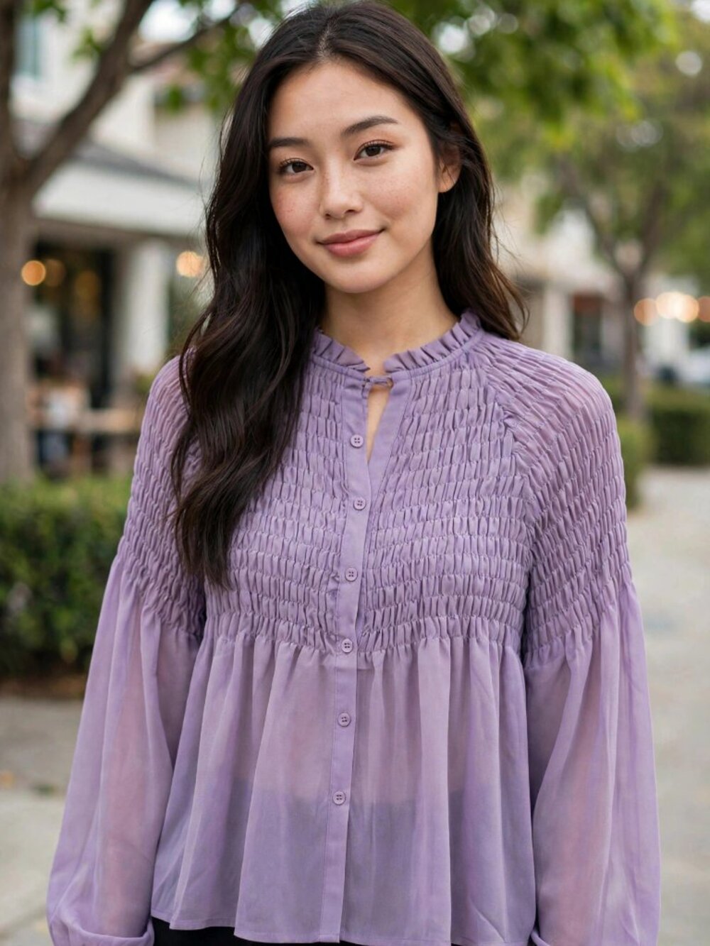 HYFVE Lavender Smocked Tie Neck Blouse Long Sleeve Size S